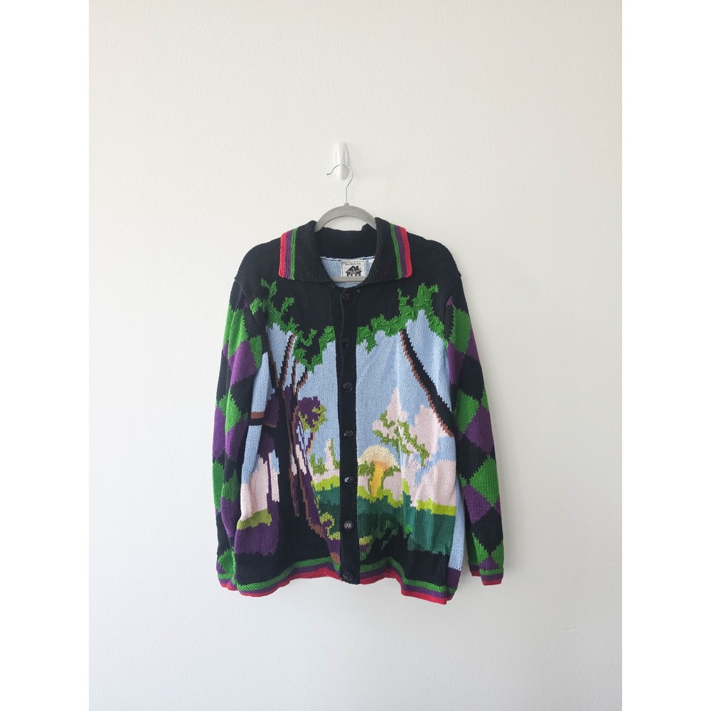 Storybook Knits Vintage Rooster Farm Scene Cardigan Harlequin Sleeve Large